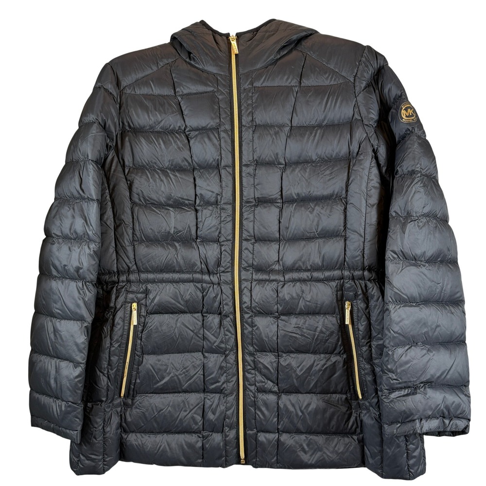 Michael Kors Women's XL Black Packable Down Puffer Coat Hooded Gold Zip Logo